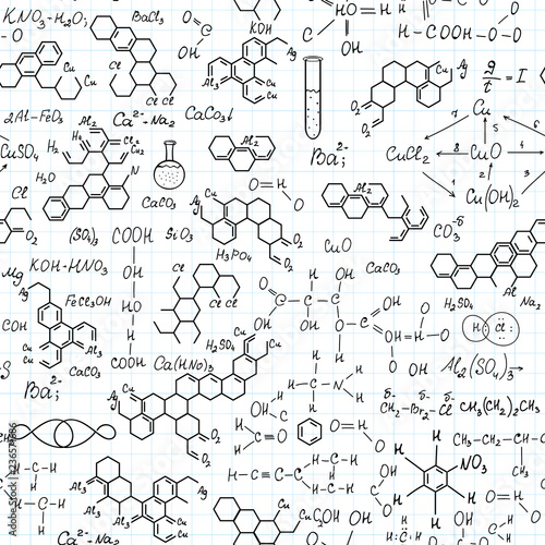 Chemistry vector seamless pattern with handwritten chemical formulas