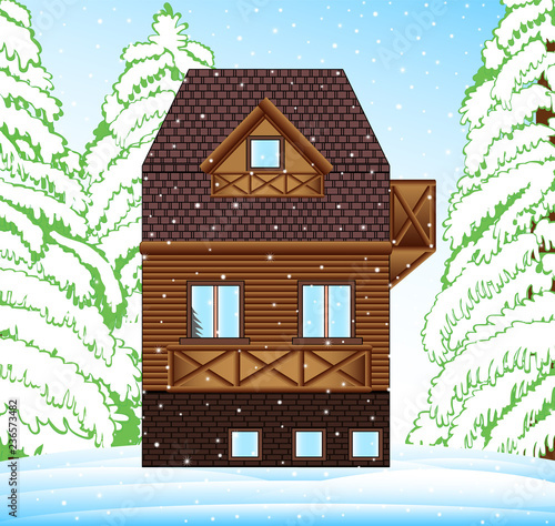 Vector winter family house in the forest around trees and snowhills. Merry Christmas and Happy New Year illustration   photo