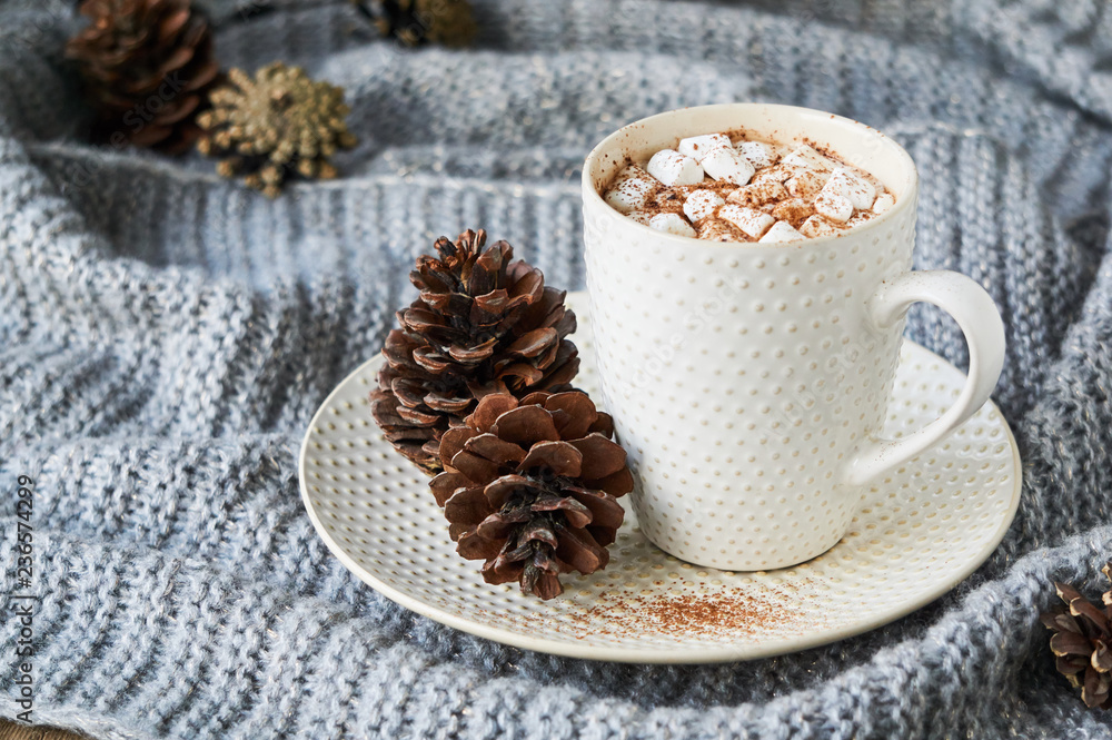 Cocoa with mini marshmallows in a white mug on a gray knitted scarf Cocoa with mini marshmallows in a white mug on a gray knitted scarf