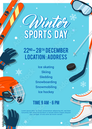 Winter Sports Day poster invitation Vector illustration. Winter sport equipment on blue background.