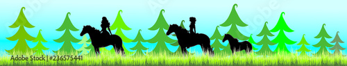 Vector illustration of woman with horse in the woods.