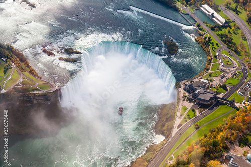 Niagara Falls Aerial View.  An aerial view of the Horseshoe Falls  a part of the Niagara Falls.  The falls straddle the border between America and Canada.
