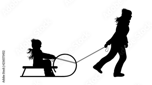Vector silhouette of family who sledding on snow toboggan.