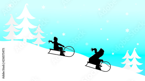 Vector silhouette of children who sledding on snow toboggan in the mountains in winter.