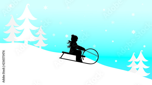 Vector silhouette of girl who sledding on snow toboggan in the mountains in winter.