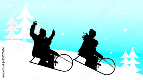 Vector silhouette of family who sledding on snow toboggan in the mountains in winter.