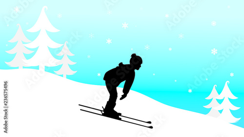 Vector silhouette of child who skiing in the mountains in winter.