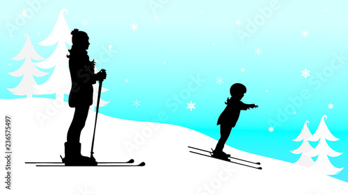 Vector silhouette of family who skiing in the mountains in winter.