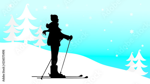 Vector silhouette of man who skiing in the mountains in winter.
