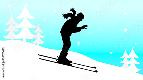 Vector silhouette of man who skiing in the mountains in winter.