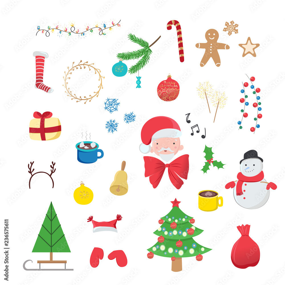 Collection of Christmas decorations isolated on white background. Winter holidays symbols for your design.
