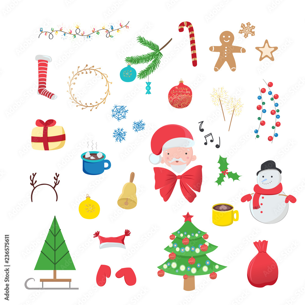 Fototapeta premium Collection of Christmas decorations isolated on white background. Winter holidays symbols for your design.
