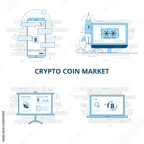 Cryptocurrency Crypto Coin Market Line Art Vector Illustration