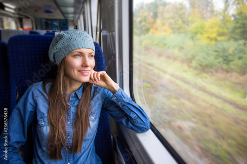 beautiful girl traveling by train