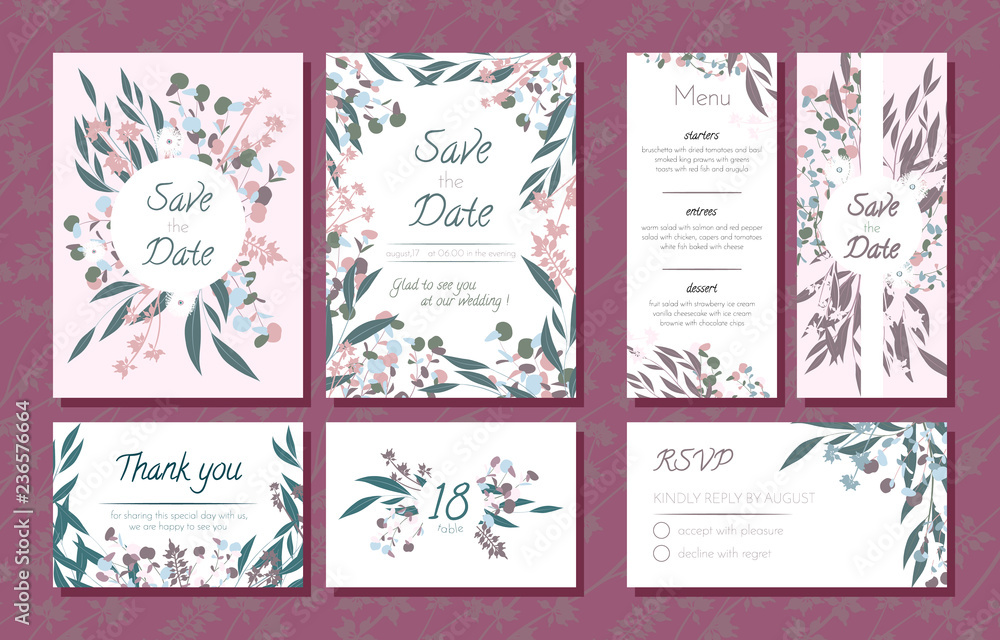 Wedding Card Templates Set with Eucalyptus Branch. Decorative Frames with Leaves, Floral and Herbs Garland. Menu, Rsvp, Label, Invitation with Nature Wreath. Vector Hand Drawn Wedding Cards Isolated. Wedding Card Templates Set with Eucalyptus Branch. Decorative Frames with Leaves, Floral and Herbs Garland. Menu, Rsvp, Label, Invitation with Nature Wreath. Vector Hand Drawn Wedding Cards Isolated.