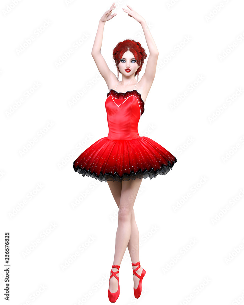 Dancing ballerina.Red ballet tutu.Redhead girl with blue eyes.Ballet dancer.Studio photography.High key.Conceptual fashion art.3D render realistic illustration.White background. Dancing ballerina.Red ballet tutu.Redhead girl with blue eyes.Ballet dancer.Studio photography.High key.Conceptual fashion art.3D render realistic illustration.White background.