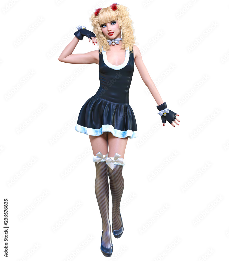 Young beautiful Santa girl doll face. Short black festive dress fur. Long blonde hair. Bright make up. Conceptual fashion art. Realistic 3D render illustration. Christmas, New Year. Young beautiful Santa girl doll face. Short black festive dress fur. Long blonde hair. Bright make up. Conceptual fashion art. Realistic 3D render illustration. Christmas, New Year.