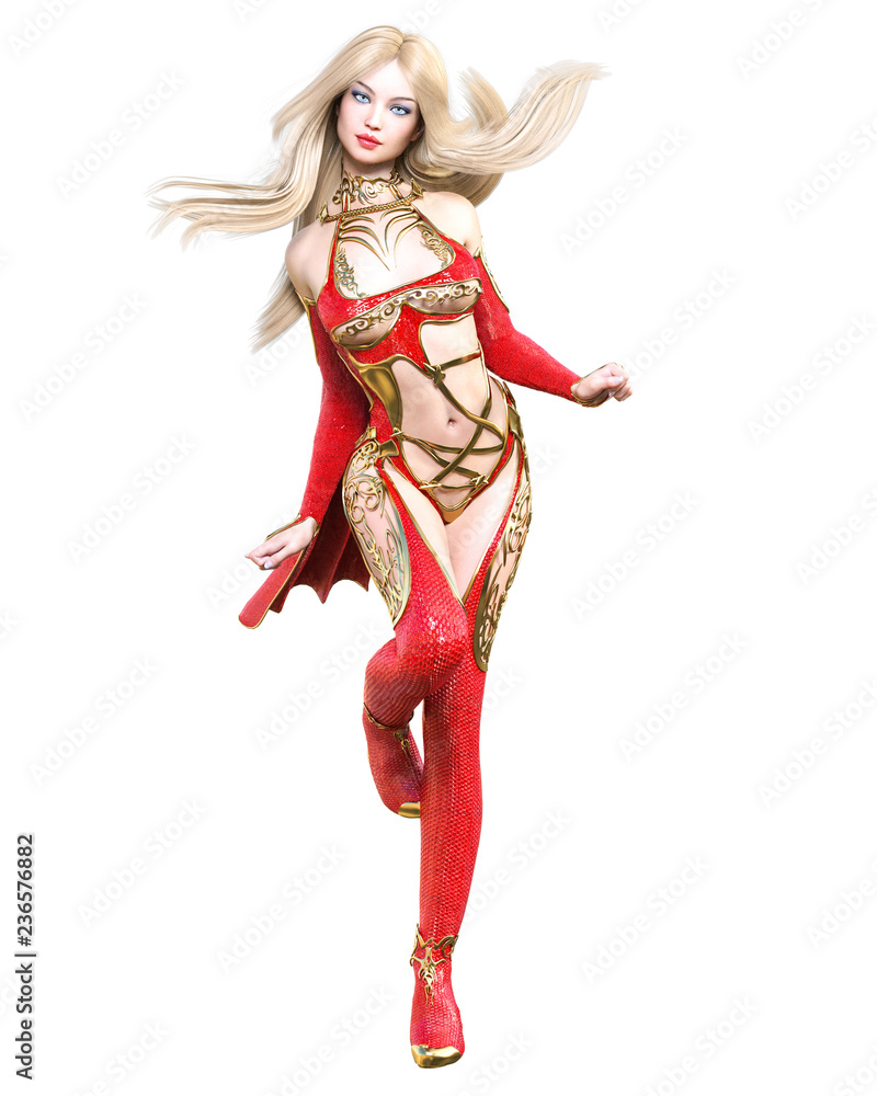 Warrior amazon woman in red raincoat and boots. Long blonde hair. Muscular athletic body. Girl standing candid provocative pose. Conceptual fashion art. Realistic 3D rendering isolate illustration. Warrior amazon woman in red raincoat and boots. Long blonde hair. Muscular athletic body. Girl standing candid provocative pose. Conceptual fashion art. Realistic 3D rendering isolate illustration.