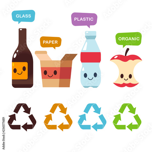Vector cute garbage characters, waste segregation infographic