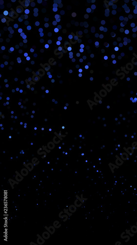 Glowing particles, polka dots on a dark blue background. Vertical festive banner. An elegant holiday pattern. Vector illustration