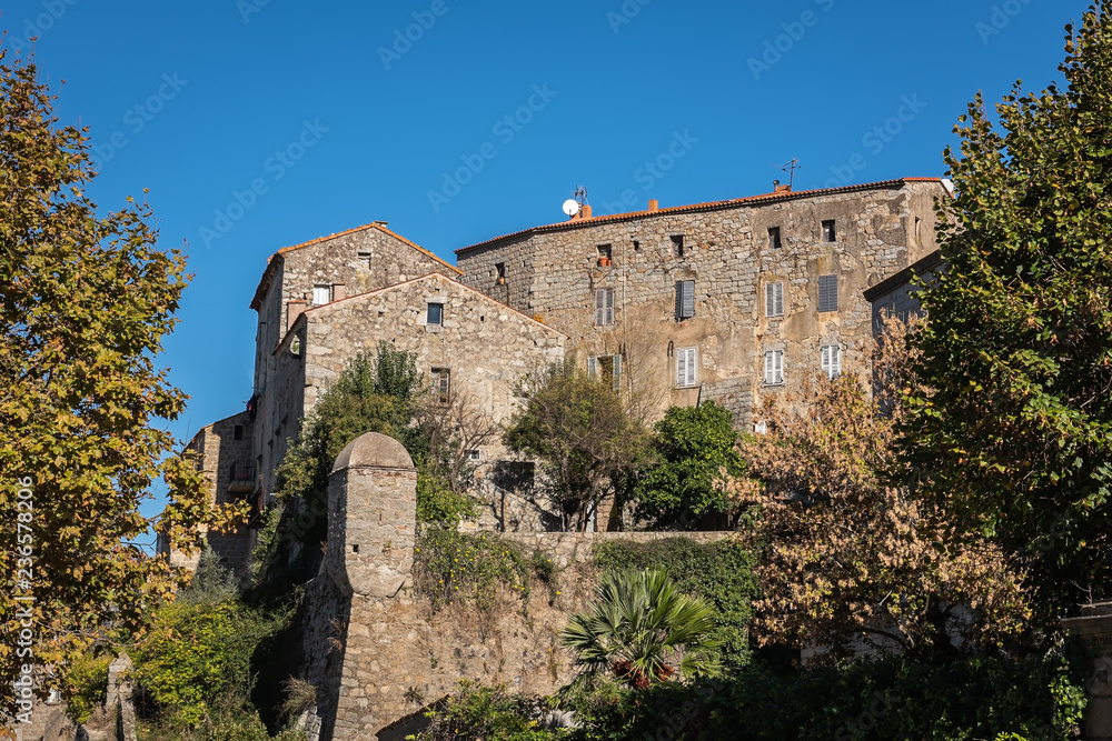 Facades of the old building in the Corsican city of Sarten, France