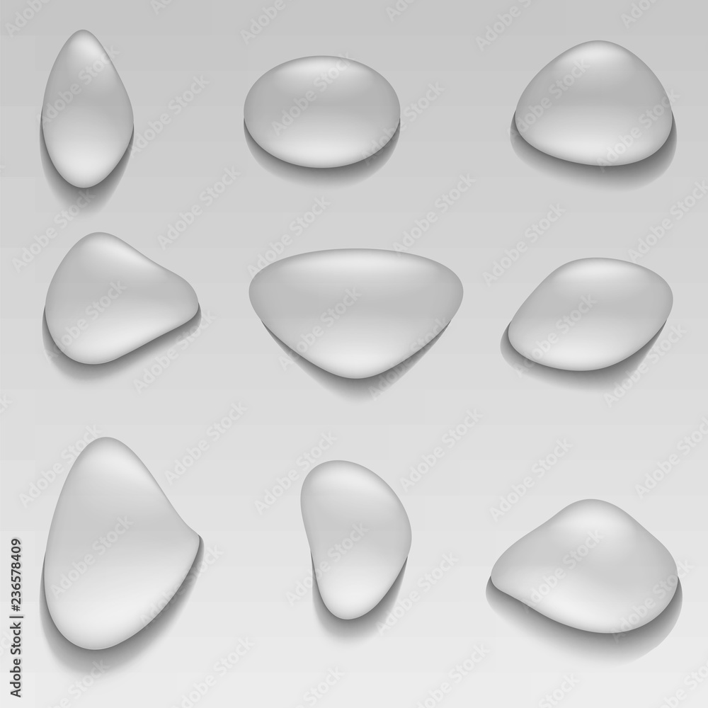 Vector image of a set of realistic water droplets of different shapes in a gray background Vector image of a set of realistic water droplets of different shapes in a gray background