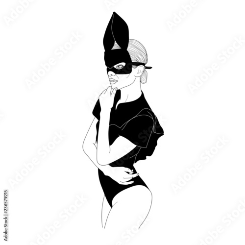 Sexy woman in mask. Graphics, vector, minimalism. Portrait of a beautiful girl in a bathing suit. Black bodysuit. Black and white drawing.
