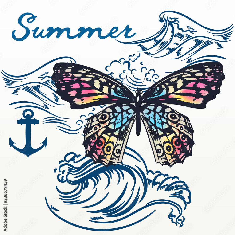 Obraz premium Fashion summer vector background with butterfly and ocean waves