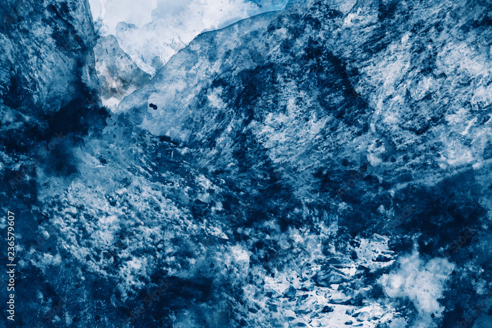 Abstract painting of valley in blue tone, Digital watercolor painting