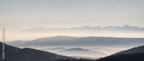 Fototapeta Naklejka Na Ścianę i Meble -  yVysoke and Belianske Tatry mountains from Hala Rycerzowa in autumn Beskid Zywiecki mountains
