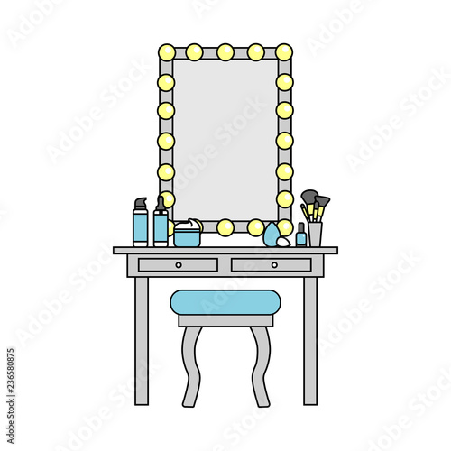 Vector flat colorful illustration of artist mirror and dressing table, chair. Cosmetic makeup accessories: cream, serum, brushes, nail polish. 