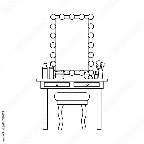 Vector flat illustration of artist mirror and dressing table, chair. Cosmetic makeup accessories: cream, serum, brushes, nail polish. Black outline