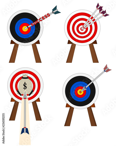 Isolated business success shooting arrow to center target icon set