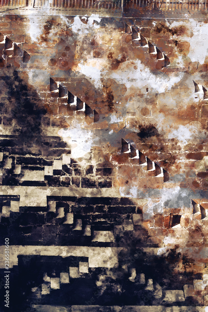 Watercolor abstract painting of staircases in brown tone, digital painting