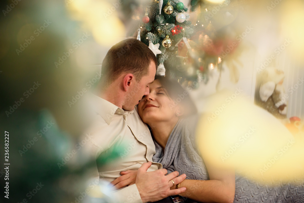 Pregnant mother and her husband at home with christmas decorations