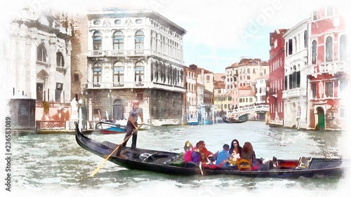 Gondola in a canal in Venice, Italy. Watercolor landscape of Venice, Italy. photo