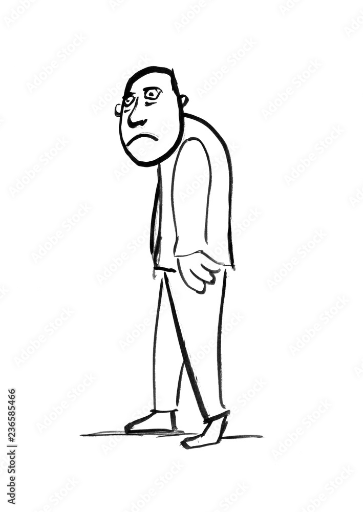 Black grunge brush and ink artistic rough hand drawing of sad or depressed man or businessman walking or leaving. Black grunge brush and ink artistic rough hand drawing of sad or depressed man or businessman walking or leaving.