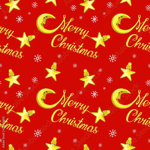 Vector Seamless Christmas pattern on a red background with lettering Christmas and with a month, snowflakes and stars . Beautiful pattern for a gift wrapping paper, t-shirts, greeting cards 2019