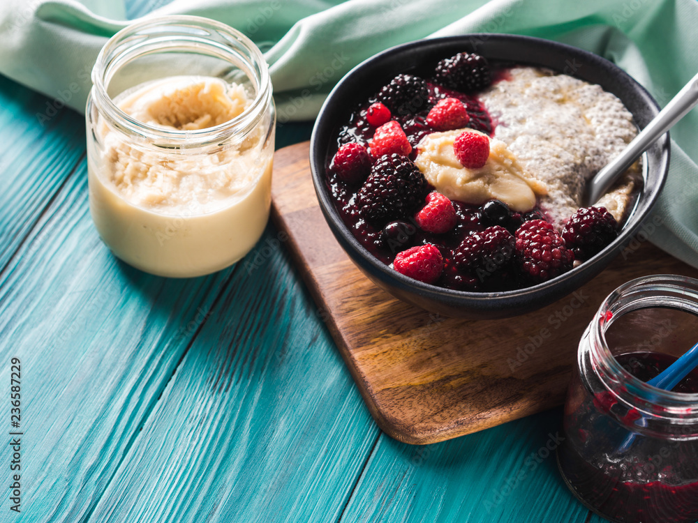 Vegan Chia pudding with berries and almond butter Vegan Chia pudding with berries and almond butter
