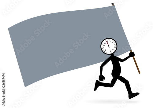 Cartoon Standard Bearer with Flag and "Clock Head"