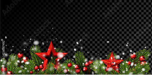 Christmas and New Year poster with fir branches  holly berries and red stars.