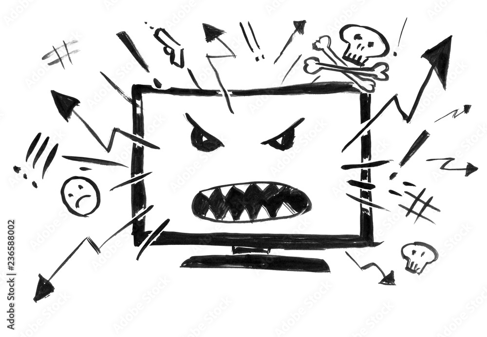 Black brush and ink artistic rough hand drawing of cartoon television or  computer display as Internet showing hatred, violence, anger and bad news.  Concept of media influence. Stock Illustration | Adobe Stock
