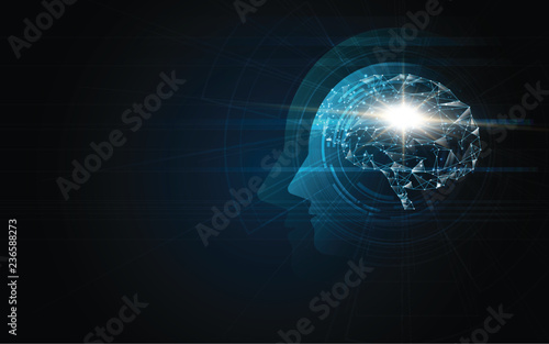 Brain inside head of human artificial intelligence digital wireframe dot vector illustration