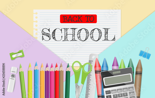 Back to school text on note paper with school supplies on pastel color background, flat lay. Vector illustration