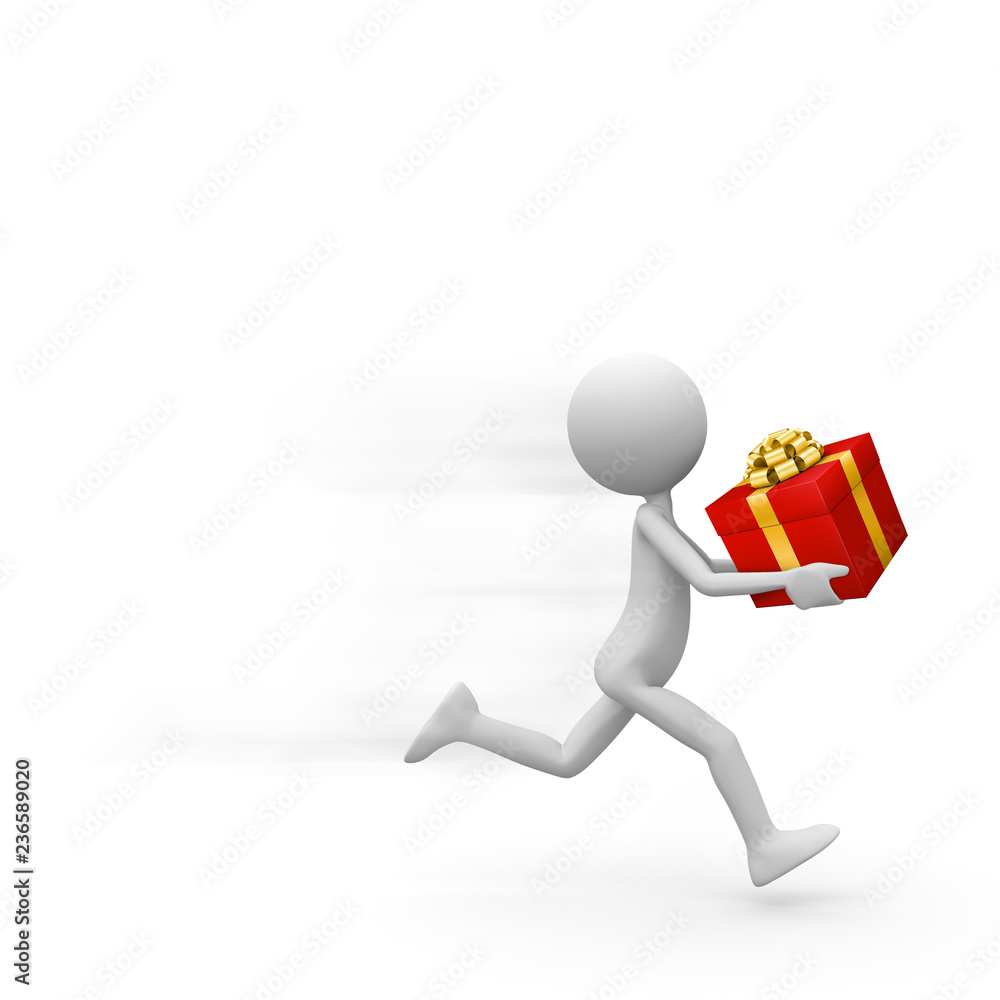 Fast Running Deliveryman with Red Gift Box in his Hand Fast Running Deliveryman with Red Gift Box in his Hand