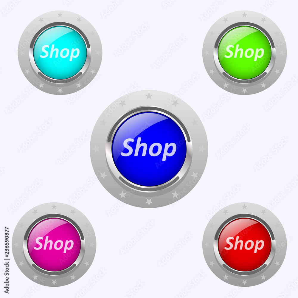 A set of round buttons, metal-framed, different colors. A set of round buttons, metal-framed, different colors.