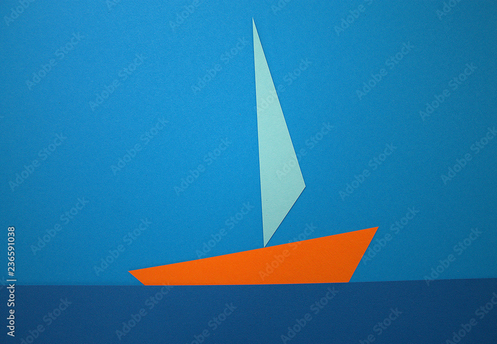 Naklejka premium Paper colors are red, yellow, purple, blue.Sea, yacht, sail, tropics, sport.