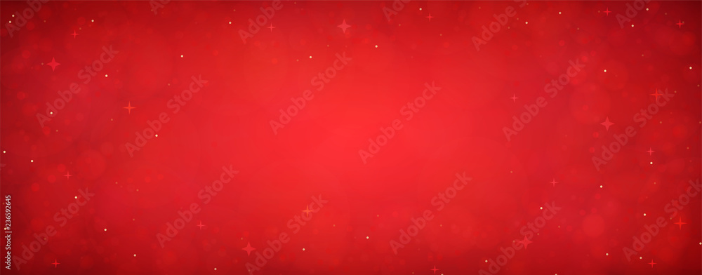 Red christmas glitter background with stars. Festive glowing blurred texture. - obrazy, fototapety, plakaty 