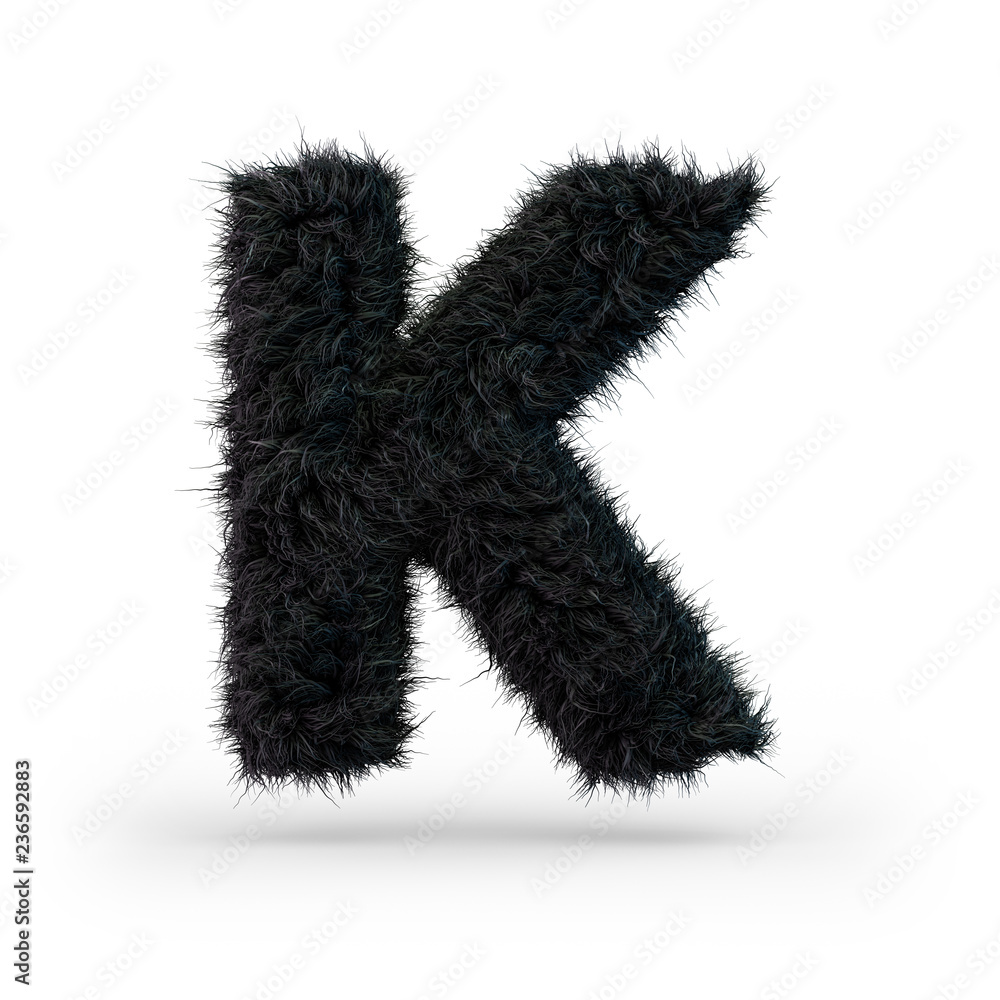 Uppercase fluffy and furry black font. Letter K. 3D Uppercase fluffy and furry black font. Letter K. 3D