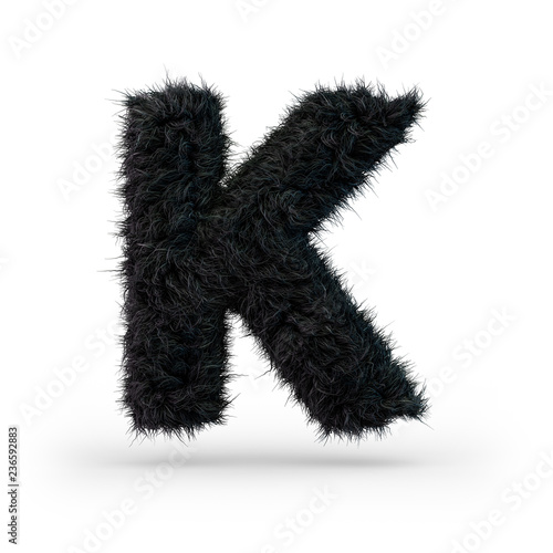 Uppercase fluffy and furry black font. Letter K. 3D